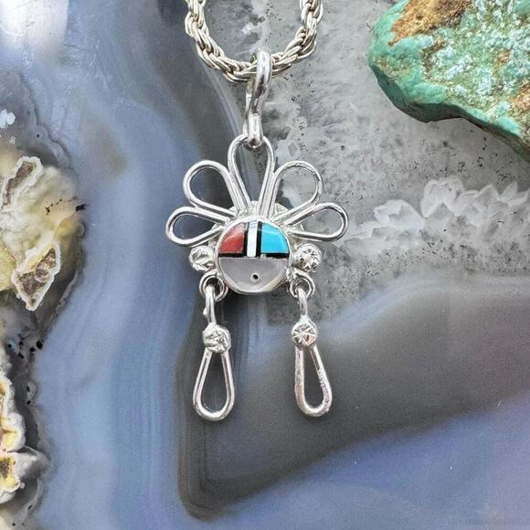 Ola Eriacho Zuni Sterling Silver Multistone Inlay Sunburst Pendant For Women - Picture 1 of 10